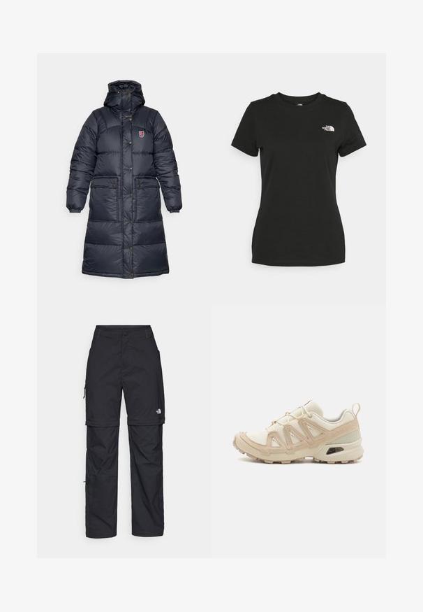 Fjällräven EXPEDITION LONG DOWN PARKA W - Geacă cu puf - black; Tricou din bumbac negru, cu guler rotund și mâneci scurte. Logo alb notabil în partea stângă sus. Textură netedă, croi casual.; Pantaloni cargo din nylon negru, cu fermoar detașabil, manșete ajustabile, multiple buzunare și un logo pe piciorul drept. Textură netedă și ușoară.; Pantofii sport bej și crem au un superior din plasă texturată, suprapuneri de susținere și o talpă din cauciuc cu un model de profil pentru aderență.