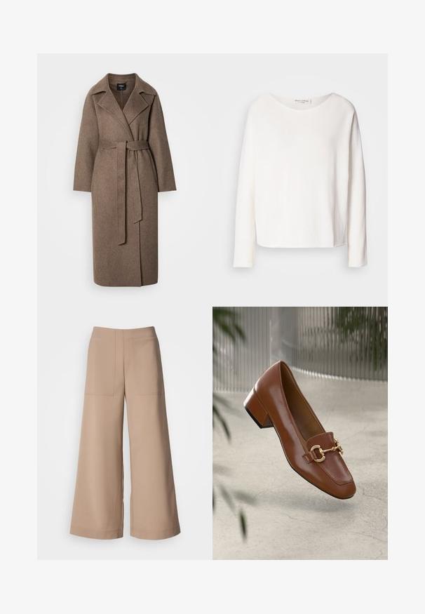 Długi brązowy wełniany płaszcz z szerokimi klapami i pasującym paskiem zawiązanym w talii, zaprezentowany na jednolitym jasnym tle.; Długi rękaw, okrągły dekolt, bluzka z miękkiego, lekkiego białego materiału o luźnym kroju. Posiada czysty dół i brak widocznych elementów metalowych.; Spodnie o szerokich nogawkach w jasnym beżowym materiale. Posiadają dwie przednie kieszenie naszywane, płaski pas i gładką strukturę wykończoną w stylu tailor.; Brązowe lakierowane mokasyny z kwadratowym noskiem, metalowym łańcuszkiem i niskim blokowym obcasem; gładka faktura, minimalistyczny design.