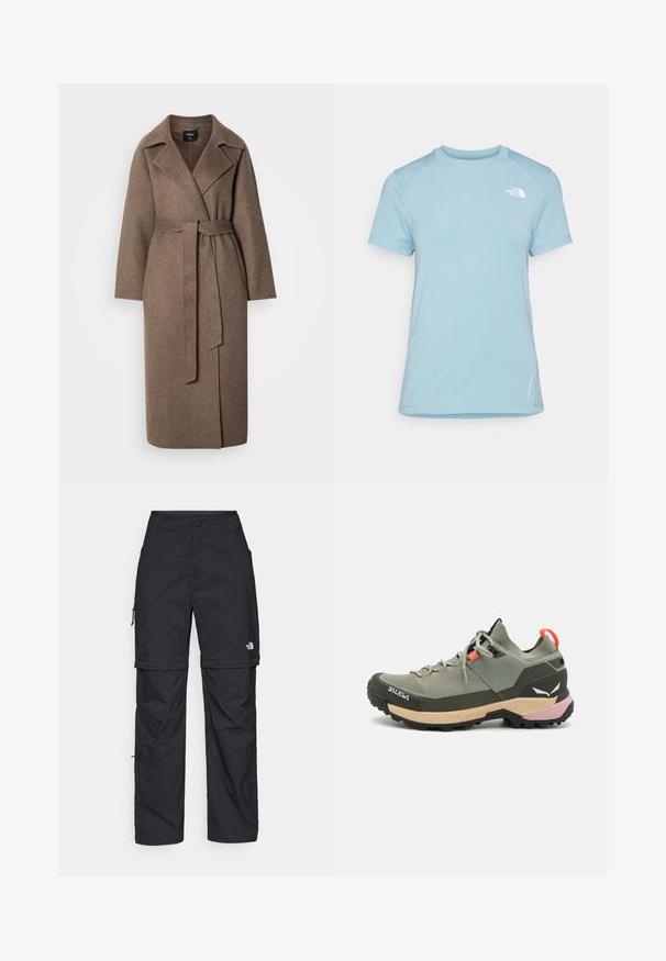 Lungo cappotto di lana marrone con ampi risvolti e una cintura coordinata legata in vita, esposto su uno sfondo chiaro e semplice.; T-shirt azzurro chiaro a maniche corte con colletto rotondo. Presenta un tessuto morbido, maniche raglan e un logo bianco sulla parte superiore sinistra del petto.; Pantaloni cargo in nylon nero con zip rimovibile, polsini regolabili, molteplici tasche e un logo sulla gamba destra. Tessuto liscio e leggero.; Scarpa da trekking leggera verde con materiali in rete e gomma, suola antiscivolo nera, accenti rosa e arancioni e punta rinforzata.