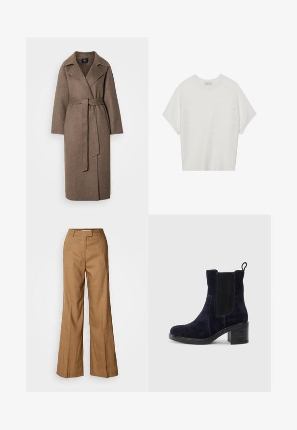 Long brown wool coat with wide lapels and a matching belt tied at the waist, displayed on a plain light background.; White short-sleeve t-shirt with a wide crew neck and textured ribbed pattern, made of soft fabric, featuring a relaxed fit and a clean design.; Brown wide-leg pants made of lightweight fabric. Features a flat front, belt loops, and a tailored silhouette with an ankle-length cut.; Navy blue suede ankle boot with elastic side panel, rounded toe, and block heel. Textured fabric and smooth sole add contrast.