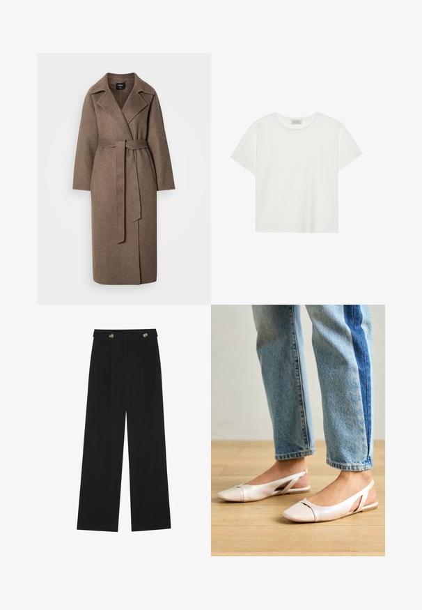 Manteau long en laine marron avec de larges revers et une ceinture assortie nouée à la taille, exposé sur un fond clair uni.; T-shirt blanc à manches courtes en coton doux. Présente un col rond et une coupe décontractée. Design épuré sans motifs ni accents visibles.; Pantalons larges noirs à taille haute, avec des détails de boutons à la taille et des plis sur le devant.; Ballerines slingback rose pâle avec un bout pointu, fabriquées en un matériau semblable au cuir lisse. Présentent des découpes sur les côtés et un talon plat.