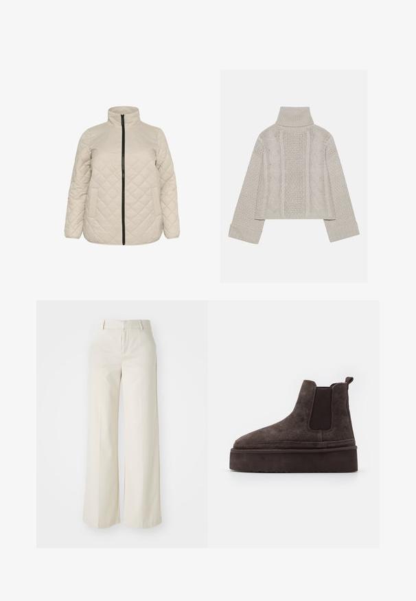 Beige, quilted jacket with a high collar, front zip closure, and two side pockets. Textured fabric with diagonal diamond pattern.; Cropped, light gray knit sweater with a high collar and ribbed cuffs, featuring textured cable patterns down the back and sides.; Wide-leg trousers in a light beige color, made of a smooth fabric. Features a classic waistband and flat front with clean lines.; Brown suede Chelsea boots with elastic side panels and a thick, textured platform sole. Features a pull tab at the heel for ease of wear.