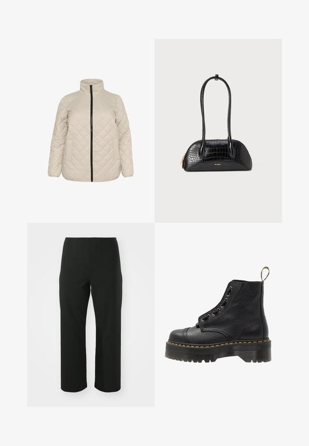 Šviesiai ruda, kvadratuota striukė su aukštu apykakle, priekyje užtrauktuku ir dviem šoniniais kišenėmis. Faktūrinis audinys su įstrižais rombais.; Juodas marškinėlis su ilgomis nėrinių rankovėmis, turintis vientisą juodą korpusą ir gėlių nėriniavimo detalių. Apvalus iškirpimas su lygia tekstūra.; Vero Moda Curve VMCAUGUSTA PANT - Kelnės - black; Juodas odinis aulinukas iki kulkšnies su tekstūruotu paviršiumi, apvaliu pirštu, raištelių uždarymo dizainu, geltonomis siūlėmis ir storu, briaunotu juodu platformos padu.; Juodas krokodilo rašto rankinukas su lygia tekstūra, apvalia forma ir dviem plonais rankenomis. Aukso logotipo akcentas arti apačios.; Sidabrinės auskarų įrankės, apvalios formos, glotni metalinė danga, be matomų puošmenų, lengvas dizainas, vienodas storis.