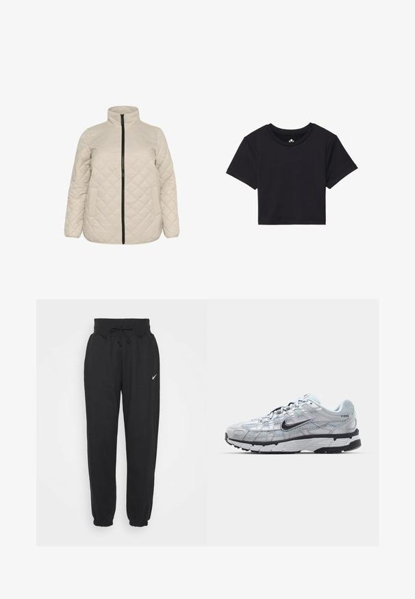 Giacca beige trapuntata con colletto alto, chiusura frontale con zip e due tasche laterali. Tessuto testurizzato con motivo a diamante diagonale.; T-shirt nera cropped con maniche corte, scollo rotondo, realizzata in tessuto liscio. Design minimalista senza motivi o accenti visibili.; Pantaloni da jogging neri realizzati in morbido cotone misto, con vita elastica e cordino e polsini elastici. Logo Nike sulla coscia sinistra.; Sneakers Nike P-6000 con una toma superiore in mesh grigio chiaro, accenti neri e una resistente suola in gomma nera. Dotati di un design intricato e di un sistema di allacciatura.