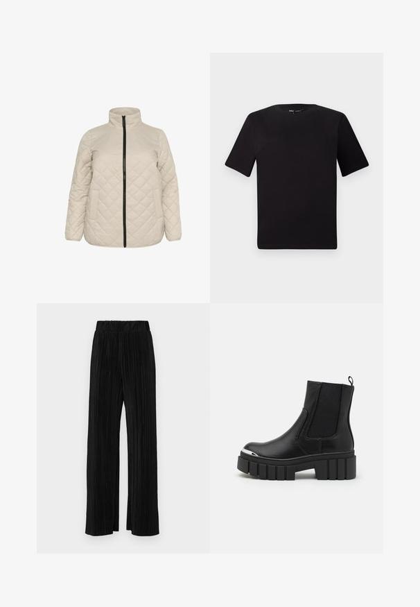 Bež, quiltan plašč z visokim ovratnikom, sprednjim zadrgo in dvema stranskima žepoma. Teksturovani material z diagonalo romboidnim vzorcem.; Črna majica s kratkimi rokavi in okroglim izrezom, izdelana iz mehkega bombažnega materiala. Preprost dizajn, brez vidnih logotipov ali vzorcev.; Črne plisirane hlače z elastičnim pasom. Imajo široke noge in gladko, teksturirano tkanino z navpičnimi črtami.; Črne gležnarje iz gladkega usnja z elastičnimi vložki, debelim platformnim podplatom in kovinskim kapicom.