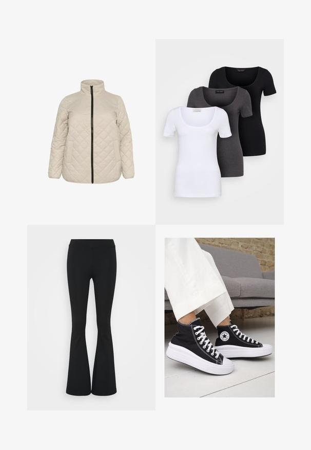 Beež, tikitud jakk kõrge kraega, ees lukuga ja kahe küljetaskuga. Tekstuuriga kangas diagonaalse teemantmustriga.; Kolm mugavat T-särki valges, hallis ja mustas värvitoonis. Igal särgil on lai madal kaelus ja lühikesed varrukad. Valmistatud siledast, venivast kangast.; Mustad flared püksid venivast kangast, kõrge vöökoht ja sile tekstuur. Püksid laienevad põlve kohalt.; Mustad musträgiga kõrge vars sneakerid valgete kummist tallade ja paeltega. Küljel on ringikujuline logo ja kontrastne valge õmblus.