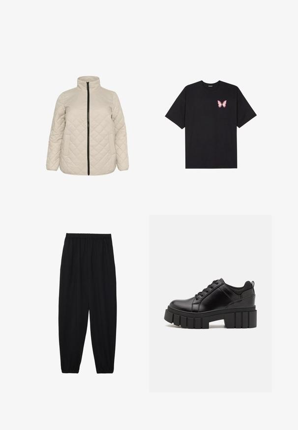 Jachetă bej, matlasată, cu guler înalt, închidere cu fermoar pe față și două buzunare laterale. Material texturat cu un model de romburi diagonale.; Tricou negru din bumbac cu mâneci scurte, având pe partea stângă a pieptului un mic grafic cu un fluture roz. Design cu guler rotund și croială lejeră.; Pantaloni negri, ușori, cu un brâu elastic și tivuri strânse. Materialul este neted și are un design relaxat, conic.; Pantofi cu talpă plată din piele neagră, cu toc gros, vârf rotund și design tradițional cu șireturi. Prezintă o textură netedă și detalii minime.