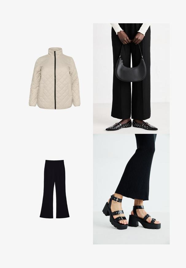 Beige, tikattu takki, jossa on korkea kaulus, etuvetoketju ja kaksi sivutaskua. Teksturoitu kangas, jossa on viistot timanttikuvio.; Mustat lyhythihaiset t-paidat, jotka on valmistettu pehmeästä kankaasta. Contains classic pyöreä kaula-aukko ja rento istuvuus. Ei näkyviä kuvioita tai yksityiskohtia.; Mustat leveälahkeiset housut, joissa on korkea vyötärö ja ei näkyviä taskuja tai nappia, esiteltynä valkoista taustaa vasten.; Mustat alustossut, joissa on paksut, uritetut pohjat ja useita hihnoja, varustettuna metallisilla soljilla ja sileällä nahkamaisten materiaalien pinnalla.; Mustapohjainen nahkalaukku, jolla on pyöreä muoto, kiiltävä pinta ja hopeiset varusteet. Henkilöllä on päällään mustat leveälahkeiset housut ja niittilapaset.