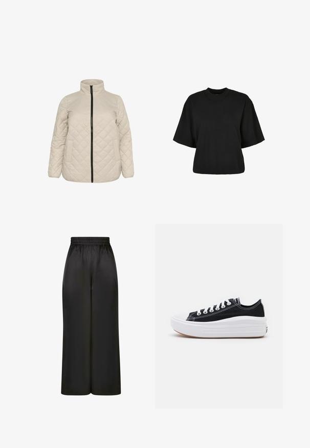 Beige, gewatteerde jas met hoge kraag, rits aan de voorkant en twee zijzakken. Gestructureerde stof met diagonaal ruitpatroon.; Zwart cropped t-shirt van katoen. Heeft korte mouwen en een ronde halslijn. Glad materiaal met een eenvoudig ontwerp, geen extra patronen.; Zwarte wijde broek gemaakt van soepel, glanzend materiaal met een elastische tailleband en zonder zichtbare zakken of hardware-details.; Zwarte canvas sneakers met witte veters, een witte rubberen teenkap en een chunky witte tussenzool. Bevat subtiele witte stiksels en een gumzool.