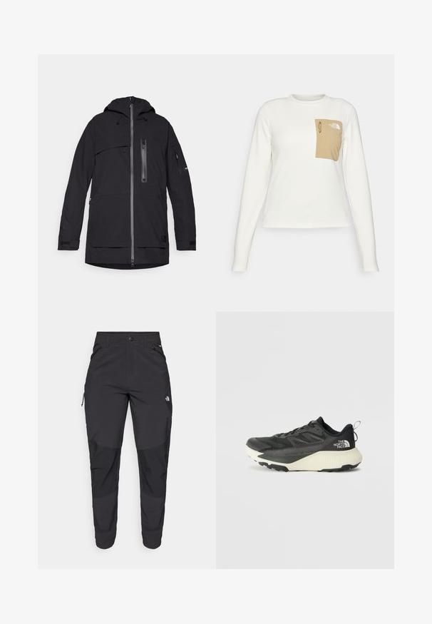 Schwarze wasserdichte Jacke mit Kapuze, mehreren Reißverschluss-Taschen, verstellbaren Kordeln und Klettverschlussmanschetten. Glatte Textur und modernes Design.; Weißes Langarmhemd aus strukturiertem Stoff mit einer beigen aufgesetzten Tasche, die einen Kordelzug und ein Logo trägt.; Schwarze Outdoor-Hosen aus strapazierfähigem Material. Verfügen über Reißverschlusstaschen, verstärkte Knieeinsätze und ein gerades Design für Beweglichkeit.; Schwarzer Sportschuh mit strukturiertem Obermaterial, ausgestattet mit grauen Akzenten und einer weißen Zwischensohle. Enthält eine Zuglasche und ein markantes Markenlogo an der Ferse.