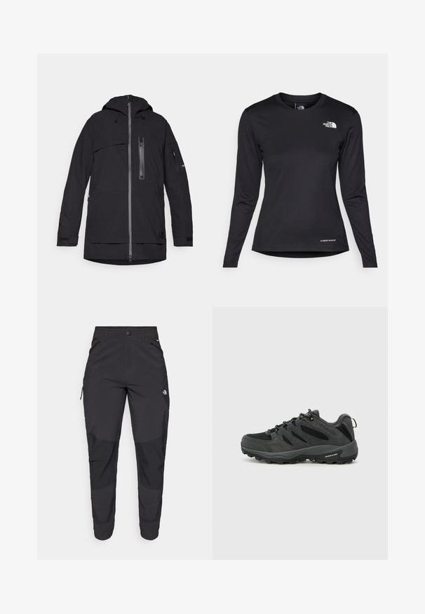 Schwarze wasserdichte Jacke mit Kapuze, mehreren Reißverschluss-Taschen, verstellbaren Kordeln und Klettverschlussmanschetten. Glatte Textur und modernes Design.; The North Face SHADOW LONG SLEEVE - Langarmshirt - black; Schwarze Outdoor-Hosen aus strapazierfähigem Material. Verfügen über Reißverschlusstaschen, verstärkte Knieeinsätze und ein gerades Design für Beweglichkeit.; Columbia REDMOND - Hikingschuh - black/citron haze