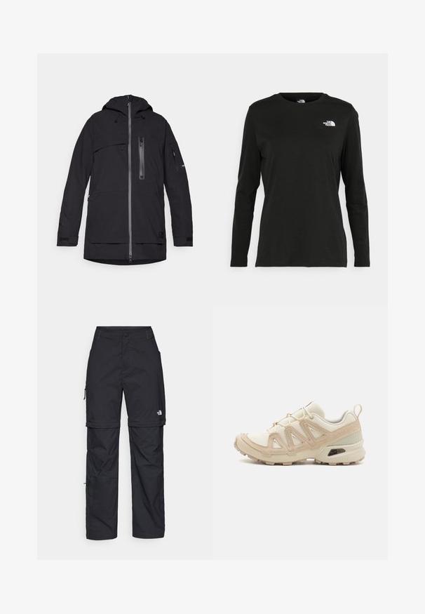 Mustas vettpidav jakki kapuutsiga, mitme tõmblukuga tasku, reguleeritavad paelad ja Velcro mansetid. Sile tekstuur ja kaasaegne disain.; Must mustahiheline T-särk, millel on pikad varrukad, valmistatud puuvillast ja ümarast kaelusest. Vasakul rinnal on väike valge logo. Lihtne disain ja sobivus.; Mustad nailonist valmistatud eemaldatavad cargo-püksid, reguleeritavate pahkluudega, mitmete taskutega ja paremal jalal logoga. Sile, kerge tekstuur.; Beež ja koobalti spordijalats tekstureeritud võrkkattega, toetavad ülemised kihid ja kummist tallaga, millel on mustriga joonistus haardeks.