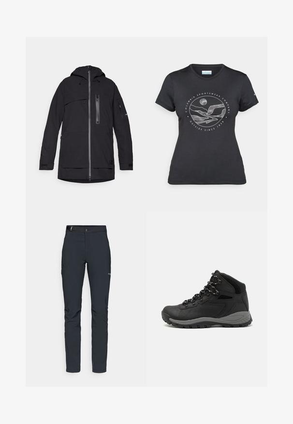 Giacca nera impermeabile con cappuccio, numerose tasche con zip, cordini regolabili e polsini in Velcro. Texture liscia e design moderno.; Maglietta nera Columbia con arte lineare bianca di una montagna circolare e un fiume, e il testo "Columbia Sportswear Company Outside Since 1938."; Pantaloni da uomo per attività all'aperto, grigio scuro, realizzati in materiale elastico, dotati di cintura, tasche con zip e cuciture rinforzate.; Stivale da trekking nero con design a metà altezza, dotato di una tomaia texturizzata, accenti grigi e suola in gomma resistente con tasselli per la trazione.