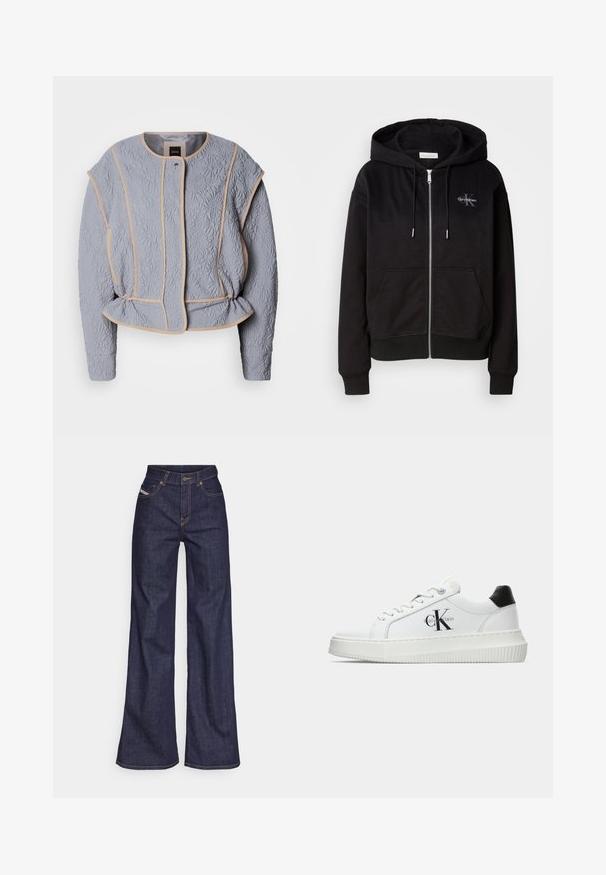 Γκρι επενδεδυμένο μπουφάν με λουλουδάτη υφή, μπεζ περίγραμμα, στρογγυλή λαιμόκοψη και διακριτική συγκέντρωση στη μέση. Έχει μακρύ μανίκια και μπροστινή κλειστή εφαρμογή.; Μαύρο φούτερ με φερμουάρ από μαλακό μείγμα βαμβακιού, με κουκούλα, μπροστινές τσέπες και ασημί αξεσουάρ. Λογότυπο Calvin Klein ραμμένο στο στήθος.; Μαύρο βαμβακερό t-shirt με στρογγυλή λαιμόκοψη, κοντά μανίκια και μπλε κεντημένο λογότυπο "Calvin Klein JEANS" στην μπροστινή πλευρά.; Σκούρο μπλε παντελόνι τύπου wide-leg από τζιν ύφασμα με ψηλή μέση, διακοσμημένο με πορτοκαλί ραφές, πέντε τσέπες και κουμπωτή κλείσιμο.; Λευκό αθλητικό παπούτσι χαμηλού προφίλ με μαύρη ταμπέλα στη φτέρνα, πλατφόρμα, κορδόνια και λογότυπο "CK" της Calvin Klein στο πλάι.