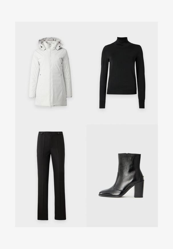 Fehér szigetelt parka dzseki, elülső cipzárral, magasított nyakkal és levehető kapucnival. Oldalsó zsebekkel és sima, vízálló anyaggal rendelkezik.; Fekete, hosszú ujjú garbós pulóver bordás mandzsettákkal és aljjal, sima fehér háttér előtt bemutatva.; Fekete, szabott nadrág egyenes lábbal, két elülső zsebbel, gombos záródással és plisszé részletezéssel elöl. Simább anyagú textúra.; Fekete bőr bokacipő sima textúrával, hegyes orral és vastag, magas sarkával. Oldalnyílással és minimalista dizájnnal rendelkezik.