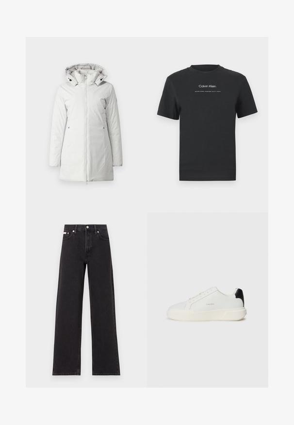 Witte geïsoleerde parka jas met een ritssluiting aan de voorkant, een funnelnek en een afneembare capuchon. Bevat zijzakken en is gemaakt van een gladde, waterafstotende stof.; Zwarte katoen T-shirt met een ronde halslijn, korte mouwen en een witte geprinte "Calvin Klein" logo en "Established 1968" tekst.; Zwarte wijde spijkerbroeken van denim, met een hoge taille, vijf-pocket stijl en een metalen knoopsluiting met contrasterende stiksels.; Witte sneaker met een gladde leren bovenkant, ronde neus, vetersluiting en een contrasterende zwarte hielaccent. Heeft een gestructureerde rubberen zool.