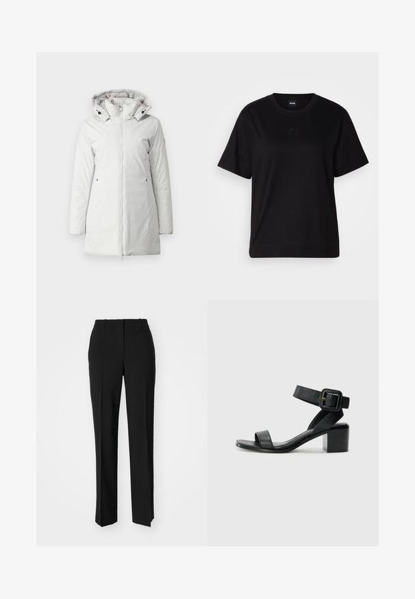 Hvid isoleret parka-jakke med lynlås fortil, tragtbryst og aftagelig hætte. Har sidelommer og glat, vandafvisende stof.; Sort bomulds t-shirt med rund halsudskæring, korte ærmer og et broderet logo på brystet. Enkel, afslappet pasform uden mønstre.; Sorte skræddersyede bukser med lige ben-design, der har en glat tekstur og skarpe folder langs fronten. Ingen synlige hardware.; Sort læder hælet sandal med justerbar ankelrem, åben tå design og firkantet blokhæl. Glat tekstur, minimalistisk stil.