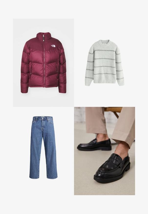 Bordeauxfarbene Daunenjacke mit hohem Kragen, Frontreißverschluss und zwei Seitentaschen; verfügt über genähte Einsätze und ein Logo auf der oberen linken Seite.; Grau gestreifter Pullover aus einem weichen, strukturierten Stoff. Merkmale sind ein runder Ausschnitt und lange Ärmel mit hell- und dunkelgrauen horizontalen Streifen.; Hellblaue Denim-Jeans mit geradem Bein, hohem Bund und minimalen Nähdetails. Der Stoff hat eine weiche, leicht ausgewaschene Textur.; Schwarze Lederloafers mit glatter Oberfläche, ausgestattet mit einem dekorativen Riemen und Kontrastnähten, kombiniert mit beigen Hosen.