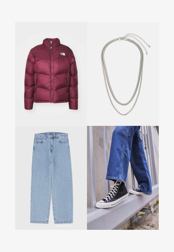 Mørkerød pufferjakke med høj krave, frontlynlås og to sidelommer; har sammenstikninger og et logo på den øverste venstre side.; Fem langærmede T-shirts i en række: turkis, sort, hvid, mørkegrå og navyblå. Blødt stof med rund halsdesign og standard pasform.; Lyseblå denimjeans med straight leg-design, der har en mid-rise talje, fem lommer og en lukning med knap og lynlås.; Sorte høj-top sneakers med hvid sål og snørebånd, parret med løse blå denimjeans, hvilende på et gråt gelænder.; Tre-lags sølvmetal halskæde med slanke, flexible kæder med en let glans, sikret med en hummerlås og justerbar kæde.
