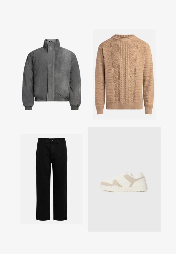 Giubbotto imbottito in tessuto grigio testurizzato con colletto alto, chiusura frontale con zip e polsini elasticizzati. Presenta un design minimalista e nessun logo visibile.; Maglione a maglia color beige con motivi testurizzati. Presenta un colletto rotondo, polsini a costine e diverse trame a trecce sul davanti.; Pantaloni in denim nero con taglio dritto, design classico a cinque tasche e chiusura con bottone in vita. Tessuto liscio e materiale resistente.; Sneaker bianca e beige caratterizzata da una combinazione di texture liscia e scamosciata, punta rotonda, chiusura con lacci e suola in gomma piatta.