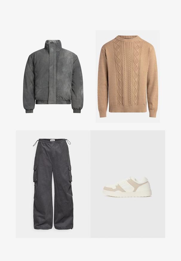 Daunenjacke aus strukturiertem grauen Stoff mit hohem Kragen, Frontreißverschluss und elastischen Bündchen. Hat ein minimalistisches Design und keine sichtbaren Logos.; Beiger Strickpullover mit strukturierten Mustern. Verfügt über einen Rundhalsausschnitt, gerippte Bündchen und unterschiedliche Zopfmuster auf der Vorderseite.; Graue Cargo-Hosen aus einem strukturierten Stoff, mit elastischem Bund, Kordelzug und Seitentaschen. Lässiger Schnitt mit weitem Bein.; Weiße und beige Sneaker mit einer Kombination aus glatten und Wildleder-Oberflächen, runder Zehenpartie, Schnürverschluss und flacher Gummisohle.