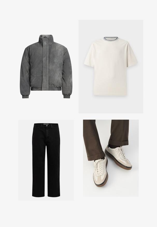 Pufferjakke i teksturert grått stoff med høy krage, frontlås og elastiske mansjetter. Har et minimalistisk design uten synlige logoer.; Kremfarget bomulls T-skjorte med korte ermer, med rund halskant pyntet med marineblå og hvite striper. Glatt tekstur, avslappet passform.; Svarte denimbukser med rett benkutt, klassisk fem-lomme design og knappelukking i livet. Glatt tekstur og slitesterkt stoff.; Beige sneakers med teksturert semsket front, glatte skinnsider og en brun gummisåle. Snører og lys syddetalj inkludert.