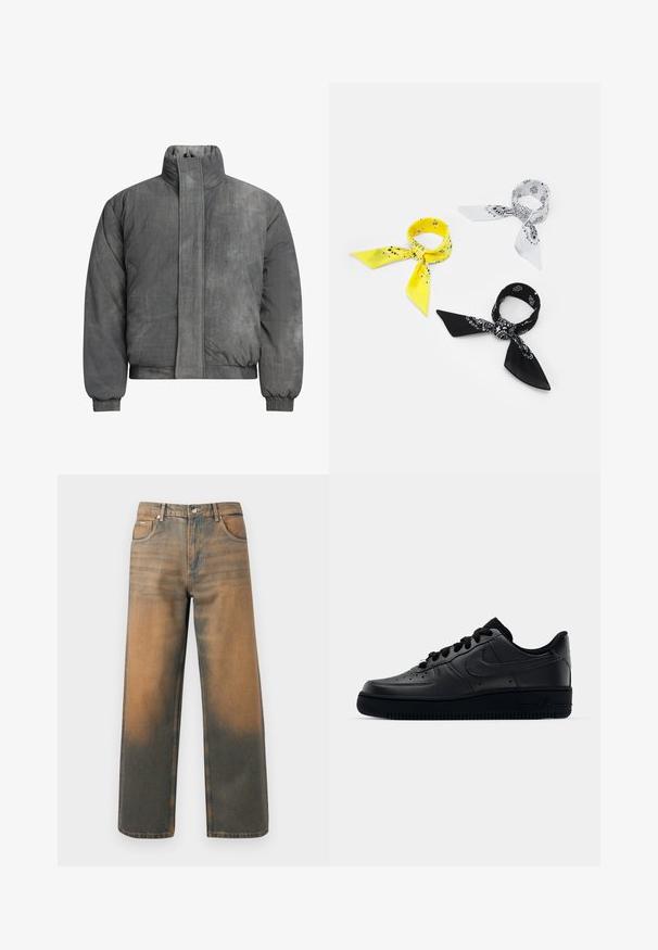 Daunenjacke aus strukturiertem grauen Stoff mit hohem Kragen, Frontreißverschluss und elastischen Bündchen. Hat ein minimalistisches Design und keine sichtbaren Logos.; Schwarzes T-Shirt mit kurzen Ärmeln in lockerer Passform, aus glattem Baumwollmaterial, mit rundem Ausschnitt und minimalistischem Design.; Weite Jeans aus verwittertem blauem und braunem Denim. Sie haben eine hohe Taille, Vorderseiten-Taschen und einen klassischen Knopfverschluss mit metallischen Akzenten.; Schwarzer Nike Air Force 1 Schuh mit einem glatten Lederoberteil, perforierter Zehenpartie für Atmungsaktivität, schwarzen Schnürsenkeln und einer strukturierten Gummisohle.; Drei Bandanas: eine gelbe mit schwarzen Mustern, eine weiße mit schwarzen Designs und eine schwarze mit weißen Grafiken. Alle sind quadratisch und aus leichtem Stoff.