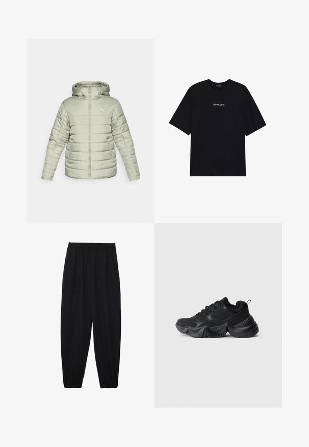 Svetlozelená vypchávková bunda s kapucňou, predným zipsom a bielym logom. Obsahuje horizontálne švy a dve bočné vrecká. Hladká textúra.; Čierne bavlnené tričko s voľným strihom. Má krátke rukávy a zaoblený výstrih. Na prednej strane je bielo umiestnený text "Pozitívne úprimne".; Čierne, ľahké nohavice s elastickým pásom a zúženými nohavicami. Tkanina je hladká a má voľný, zúžený strih.; Čierne tenisky s kombináciou hladkých a textúrovaných materiálov, s hrubými podrážkami, zaobleným tvarom a dekoratívnym prešívaním. Majú mäkký, plyšový lem.