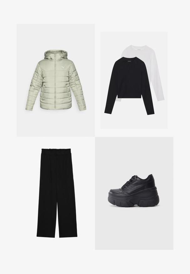Svijetlozelena podstavljena jakna s kapuljačom, prednjim patentnim zatvaračem i bijelim logom. Ima horizontalne šavove i dva bočna džepa. Glatka tekstura.; Dvije majice dugih rukava: jedna crna i jedna bijela. Obje imaju okrugli izrez, raglan rukave i mekani pamuk korišten za izradu.; Crne široke hlače s naboranim pojasom, koje imaju dva bočna džepa i glatku, laganu tkaninu. Nema vidljivih uzoraka ili metalnih dijelova.; Crne tenisice na vezanje s debelim potplatom, koje imaju glatku kožnu gornju stranu, zaobljeni vrh i izražen slojeviti dizajn platforme.