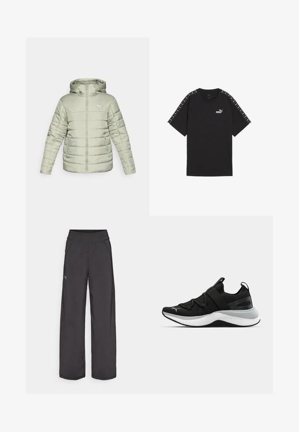 Šviesiai žalia pūkinė striukė su kapišonu, priekiniais užtrauktukais ir baltu logotipu. Yra horizontalūs siūlai ir dvi šoninės kišenės. Sklandžios tekstūros.; Juodas trumpomis rankovėmis medvilnės marškinėliai. Su balta Puma logotipu ant krūtinės ir raštuotais akcentais ant pečių. Standartinė figura ir apvalus iškirpimas.; Juodos sportinės kelnės su plačia juosta, šoninėmis kišenėmis ir plokščiomis siūlėmis. Kairėje kojoje pritvirtintas mažas logotipas. Pagamintos iš lygaus, tamprios medžiagos.; Juodas sportinis batelis su tekstūruota viršutine dalimi, elastingomis juostomis ir storesniu baltu tarpiniai. Yra pilkas akcentas palei pado kraštą.