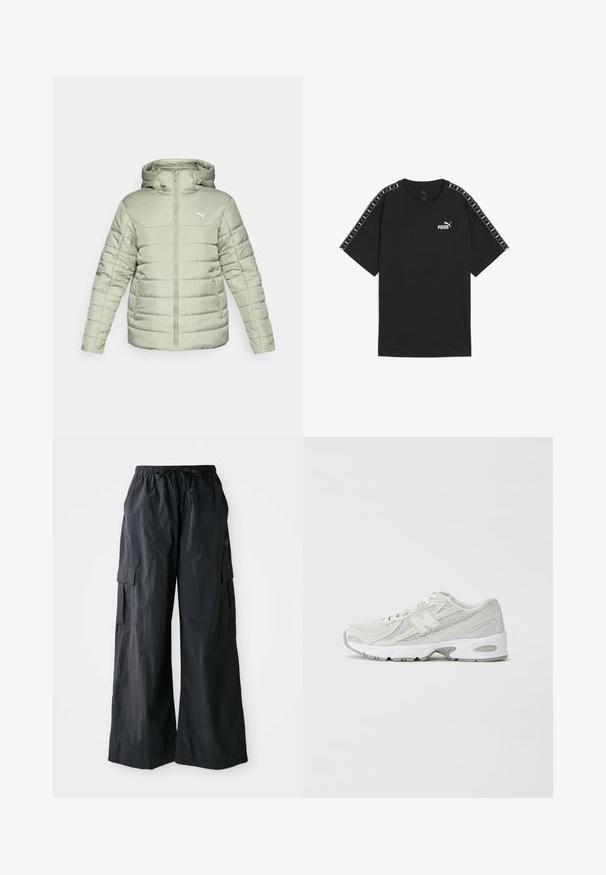 Chaqueta acolchada de color verde claro con capucha, cierre frontal y logotipo blanco. Presenta costuras horizontales y dos bolsillos laterales. Textura suave.; Camiseta negra de manga corta hecha de algodón. Presenta el logo blanco de Puma en el pecho y acentos decorativos en los hombros. Corte estándar y cuello redondo.; Pantalones cargo negros hechos de una tela ligera, con un diseño de pierna ancha, cinturilla elástica y múltiples bolsillos laterales. Sencillos y funcionales.; Zapatillas de correr ligeras con parte superior de malla en blanco, acentos grises, suela acolchada y superposiciones texturizadas. Cuenta con un sistema de cordones integrado.