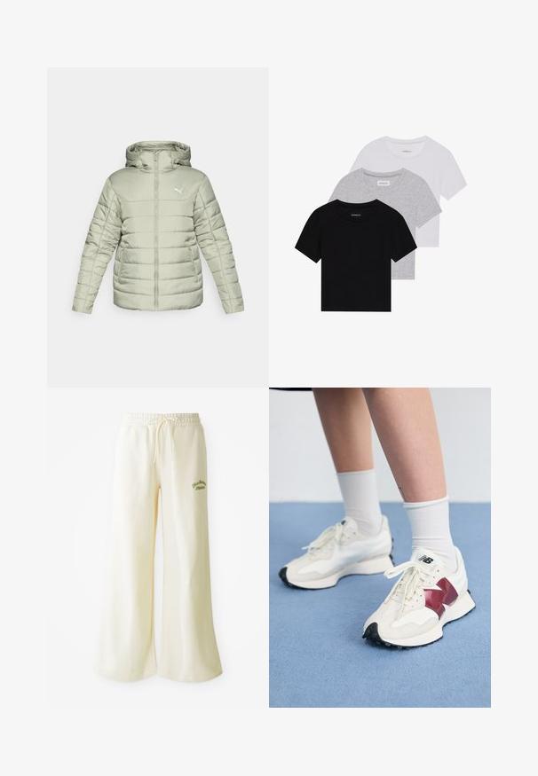 Lys grøn polstret jakke med hætte, frontlynt og hvidt logo. Har vandrette syninger og to sidelommer. Glat tekstur.; Sett med tre kortermede t-skjorter i svart, grått og hvitt. Laget av bomull, med rund hals og en enkel, ensfarget design.; Kremfargede, vide joggebukser med elastisk midje og justerbar snøring. Brodert grønn "Athletic"-tekst på forsiden. Mykt stoff.; Par med hvite joggesko med bordeaux detaljer, teksturerte paneler, flat svart yttersåle og lette snøringer, iført hvite ankelstrømper.