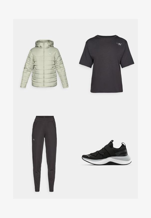 Gaiši zaļš mīksts jaka ar kapuci, priekšējo rāvējslēdzēju un baltu logo. Iespējas ietver horizontālo šuvju un divas sānu kabatas. Gluda tekstūra.; Melnā īsās piedurknes t-krekls, izgatavots no mīkstas auduma, ar apaļu kakla izgriezumu un mazu logotipa detaļu kreisajā augšējā pusē.; Melni sporta legingi, izgatavoti no elastīgas auduma, ar augstu jostasvietu, sānu kabatām un mazu atstarojošu logotipu uz kreisā augšstilba.; Melna sporta kurpe ar teksturētu augšējo daļu, elastīgām siksnām un biezu baltu vidusdaļu. Ievietots pelēks akcenta elements gar zoli.