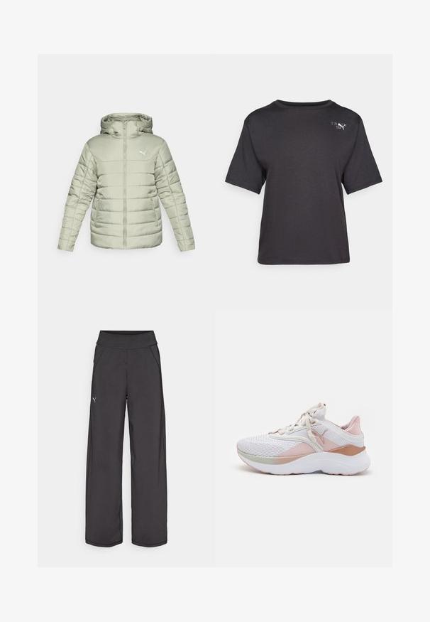 Light green padded jacket with a hood, front zipper, and white logo. Features horizontal stitching and two side pockets. Smooth texture.; Black short-sleeve t-shirt made of soft fabric, featuring a rounded neckline and a small logo detail on the upper left side.; Black athletic pants with a wide waistband, side pockets, and flat seams. Features a small logo on the left leg. Made from smooth, stretchy fabric.; White athletic shoe with mesh upper, pink accents, textured patterns, and a thick white sole. Features laces and a cushioned heel.