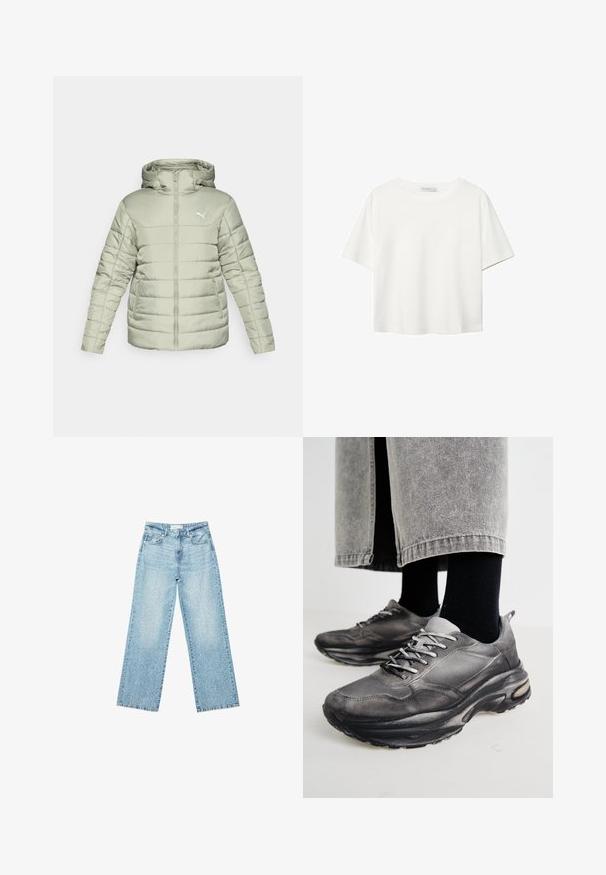 Vaaleanvihreä pehmeä takki hupulla, etuvetoketjulla ja valkoisella logolla. Ominaisuuksiin kuuluu vaakasaumastus ja kaksi sivutaskua. Sileä pinta.; Valkoinen lyhythihainen T-paita, joka on tehty puuvillasta. Siinä on pyöreä kaula-aukko ja rento malli. Silkkinen pinta ilman näkyviä kuvioita tai koristeita.; Vaaleansiniset leveälahkeiset farkut korkealla vyötäröllä, joissa on haalistunut pesu ja pieniä, satunnaisia kulumisia ympäriinsä.; Musta ja harmaa urheilukengät sisältävät verkkomateriaalista valmistetun päällisen, paksut pohjat ja nauhat. Kenkien kärki on pyöristetty ja niissä on näkyvää pehmustusta.