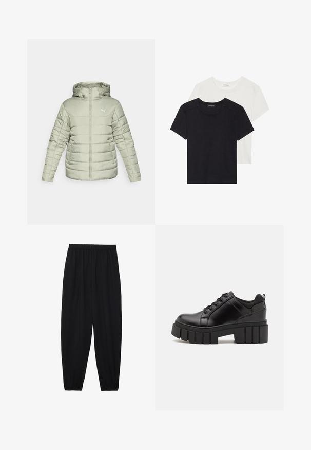 Lys grøn polstret jakke med hætte, frontlynlås og hvidt logo. Har vandret syninger og to sidelommer. Glat tekstur.; To kortærmede T-shirts i sort og hvid. Lavet af blød bomuld, med rund halsudskæring og standard pasform med minimal syning.; Sort, lette bukser med elastisk talje og sammenfoldede ankler. Stoffet er glat og har et afslappet, indsnævret design.; Sorte læder platform sko med en klodset blokhæl, rund tå og traditionelt snøredesign. Har en glat tekstur og minimal detaljering.