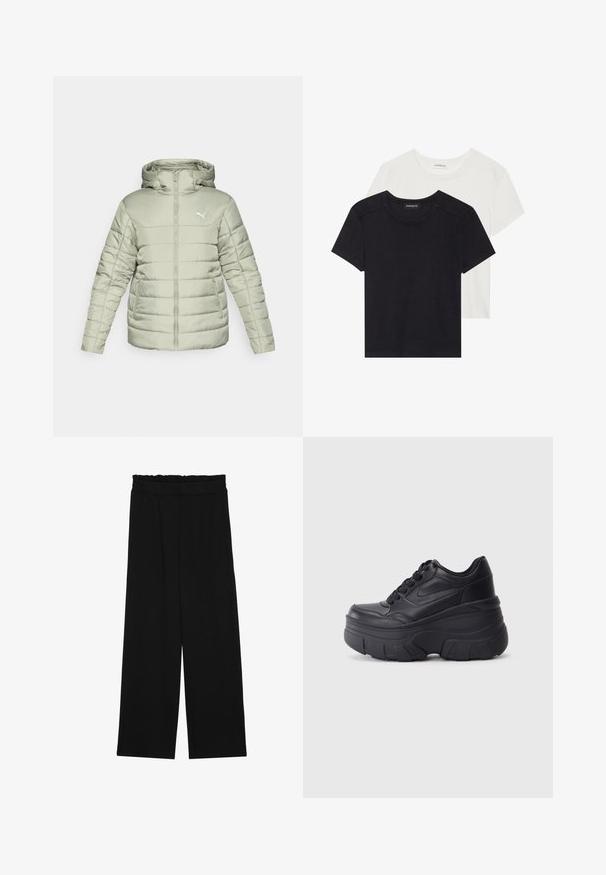 Light green padded jacket with a hood, front zipper, and white logo. Features horizontal stitching and two side pockets. Smooth texture.; Two short-sleeve T-shirts in black and white. Made of soft cotton, featuring a round neckline and standard fit with minimal stitching detail.; Black wide-leg trousers with a ruffled waistband, featuring two side pockets and a smooth, lightweight fabric. No visible patterns or hardware.; Black lace-up sneakers with a chunky sole, featuring smooth leather upper, rounded toe, and distinct layered platform design.