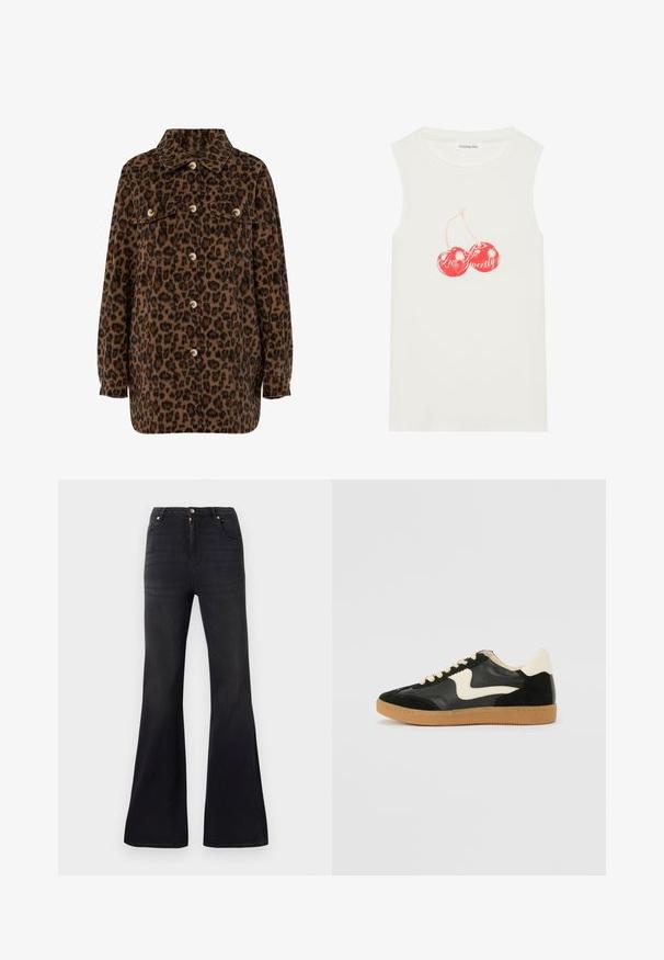Brūna un melna leoparda raksta krekls-jaka ar apkakli, pogu aizdari, divām krūšu kabatām un garām piedurknēm. Mīksta tekstūra.; Balta bez piedurknēm izgatavota kokvilnas topa ar ribotu tekstūru, rotāta ar sarkanu ķiršu grafiku un uzrakstu "Love Sweet."; Melni augstās jostas denima džinsi ar izlocītām kājām, priekšējo pogu un rāvējslēdzēja aizdari, kā arī piecām kabatām.; Melna zamšāda un ādas sporta apavi ar krēmkrāsas sānu svītru un gaiši krēmkrāsas papēdi. Ar beigu krāsas auklām un gumijas zole.