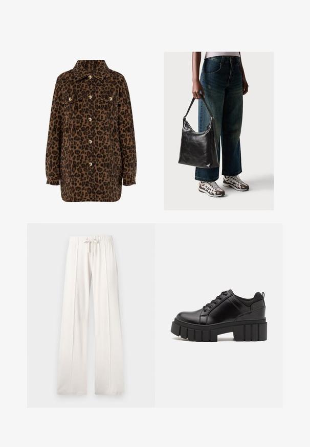 Camisa de jaqueta com padrão de leopardo em castanho e preto, com gola, fecho de botões, duas bolsos no peito e mangas longas. Textura suave.; T-shirt de algodão preto com mangas curtas, apresentando um pequeno gráfico de borboleta rosa no lado esquerdo do peito. Design de gola redonda com um corte solto.; Calças de fato de treino beija claro, feitas de um tecido suave, com cintura elástica ajustável, pernas largas e costuras verticais, apresentando uma textura lisa.; Sapatos de plataforma em couro preto com um salto bloco robusto, bico redondo e design clássico de atacadores. Apresentam uma textura suave e detalhes mínimos.; Bolsa de ombro em couro preto com textura suave e alça ajustável, combinada com jeans de perna larga desbotados e ténis desportivos.