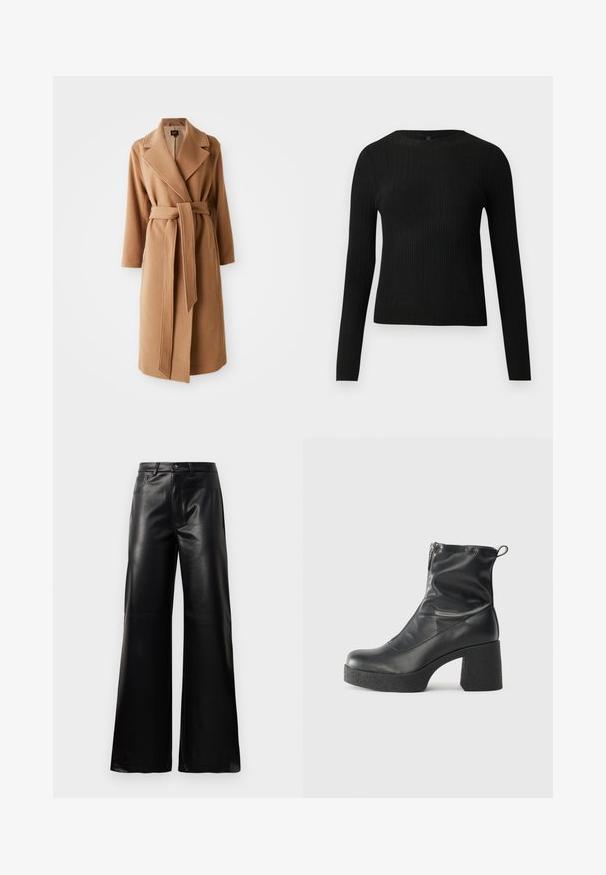 Ilgas kamelinių rudų vilnonių paltas su plačiais atvartais ir atitinkamo audinio diržu, surištu aplink liemenį, šoniniais kišenėmis ir pilno ilgio rankovėmis.; Juoda dryžuota ilga rankovė prigludusi megztinis su apvalia iškirpte, pateiktas prieš paprastą šviesią fono.; Juodos aukšto juosmens plačios kojų dirbtinės odos kelnės su priekiniais mygtukais, užtrauktuku, diržo kilpomis ir šoninėmis kišenėmis ant balto fono.; Juodos kulkšninių botai, pagaminti iš lygaus odos, su šoniniu užtrauktuku, masyviu tekstūruotu kulnu ir apvaliu pirštu.