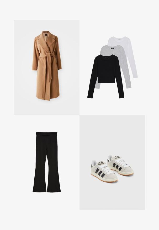 Palton lung din lână de culoare cămilă, cu rever larg și curea din același material legată în talie, buzunare laterale și mâneci lungi.; Trei bluze cu mânecă lungă așezate: neagră, gri și albă. Fiecare are un guler rotund și un design scurt, realizat dintr-un material fin și ușor.; Leggings negre cu tiv evazat, realizate dintr-un material elastic. Au o talie largă și o textură fină, cu o siluetă ajustată care se lărgește la tiv.; Adidași din suede gri cu șireți albi, dungi negre și talpă din cauciuc alb. Prezintă un logo circular pe limbă și o talpă din cauciuc.