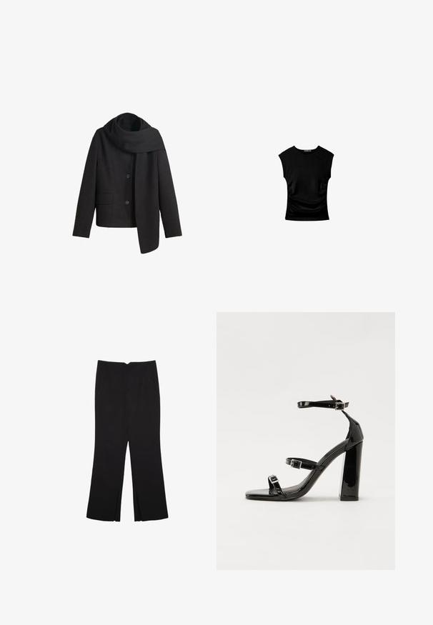 Cappotto in misto lana nero con colletto alto, bottoni frontali e tasche laterali. Caratterizzato da una lunga sciarpa drappeggiata attaccata al collo.; Top corto nero a maniche corte con una silhouette aderente, caratterizzato da dettagli arricciati ai lati e un tessuto liscio e elasticizzato per il comfort.; Pantaloni neri a gamba dritta, con tasche frontali e spacchi laterali all'orlo. Realizzati in tessuto morbido e liscio. Adatti a diverse occasioni.; Sandali con tacco in vernice nera, con punta squadrata, cinturini alla caviglia e fibbie in argento. Presentano un tacco a blocco spesso per maggiore stabilità.