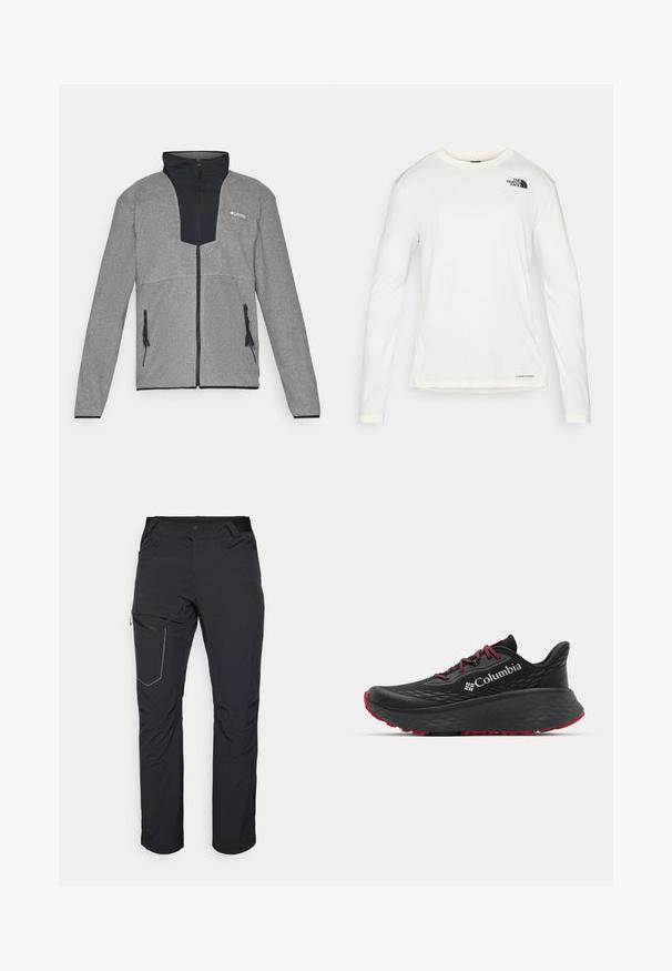 Hall grey jakk, millel on must krae ja lukuga esitasku. Omab kontrastseid tumedaid ja heledaid halli osakesi, lukud taskutel ning pehmet tekstuuri.; Valge pika varrukaga särk ümmarguse kaelusega, tekstuuriga kangas, must logo vasakul õlal ja peen bränding alt. ; Mustad musta värvi välispüksid, millel on tõmblukuga reiepocket, elastne vöökoht ja sile, veekindel kangas. Puhas disain ilma nähtavate logodeta.; Mustan värvi spordijalats tekstuuriga pealisega, punaste paelte ja logoga. Paksem tallaga, millel on mustritooted kaheksast edasi liikumiseks. Minimalistlik disain, külgvaade.