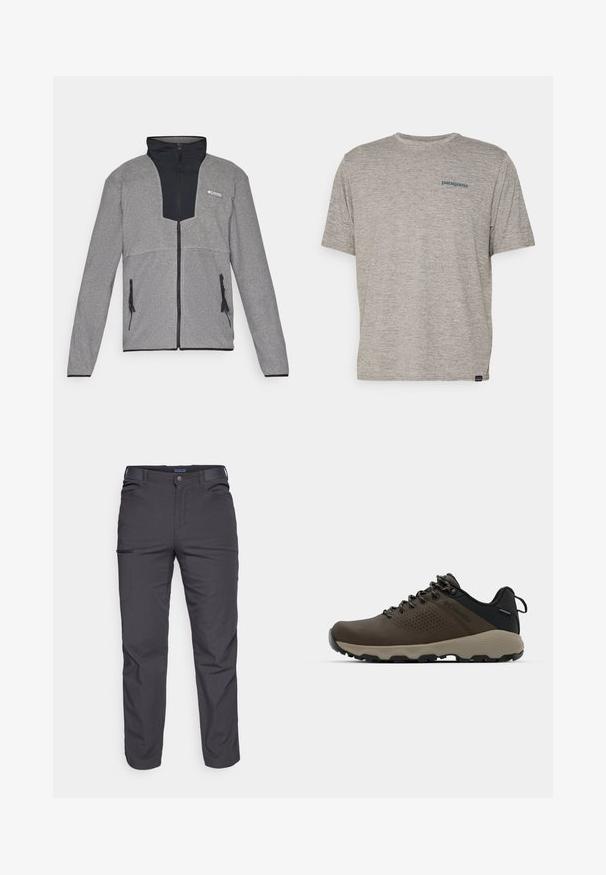 Grå jakke med svart krage og glidelås foran. Har kontrasterende mørke og lyse grå seksjoner, glidelåser på lommene og en myk tekstur.; Grå kortermet t-skjorte laget av mykt, teksturert stoff med en liten blå Patagonia-logo på venstre bryst. Ingen ekstra mønstre.; Mørkegrå bukser laget av slitesterkt stoff, med glidelåslomme, rett snitt og beltestropper for justerbar passform.; Brune vanntette joggesko med teksturert overdel, perforerte detaljer, svart hæl støtte og en grå gummisåle. Snøring er stilisert med metalliske ender.
