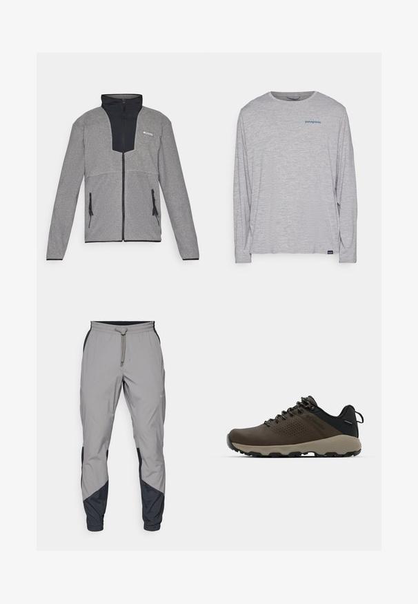 Grå jacka med svart krage och dragkedja framtill. Har kontrasterande mörka och ljusa grå sektioner, dragkedjor på fickorna och mjuk textur.; Ljusgrå t-shirt med långa ärmar gjord av mjukt, texturerat tyg. Har en rund hals och en liten blå Patagonia-logotyp på bröstet.; Lätta, grå träningsbyxor med svarta detaljer. Elastisk midja, dragsko stängning, tapered design och sidofickor.; Bruna vattentåliga sneakers med en strukturerad ovandel, perforerade detaljer, svart hälstöd och en grå gummisula. Snörningen har metalliska ändar.