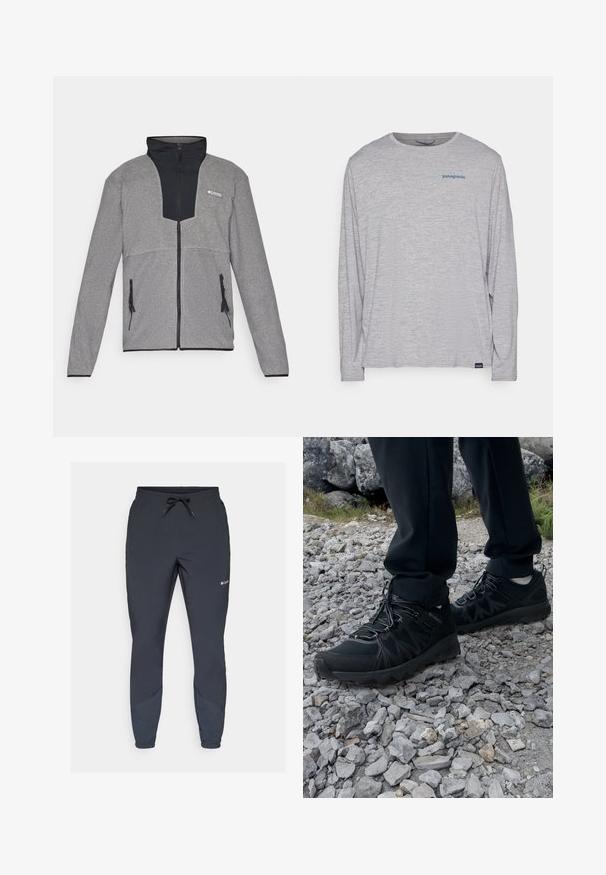 Casaco cinza com colarinho preto e fecho de correr na frente. Apresenta secções em cinza escuro e claro contrastantes, zíperes nos bolsos e uma textura suave.; T-shirt de mangas longas cinza claro, feito de um tecido suave e texturizado. Apresenta um decote redondo e um pequeno logotipo azul da Patagonia no peito.; Calças de treino leves e pretas com uma cintura elástica e cordão ajustável. Apresentam pernas ajustadas e painéis laterais em uma tonalidade mais escura.; Sapatos pretos para exterior, feitos de material em malha e sintético, com um cabedal texturizado, sistema de atilho seguro e uma sola robusta, sobre terreno rochoso.