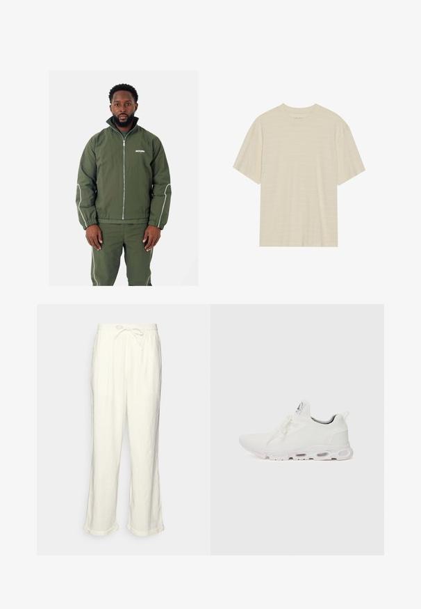 Olijfgroene jas met hoge kraag en witte accenten, voorzien van een rits aan de voorkant, elastische manchetten en een logo op de borst. Gecombineerd met bijpassende broeken.; Crème-kleurig t-shirt met korte mouwen, voorzien van een subtiele gestreepte textuur en een ronde halslijn, gemaakt van lichte stof.; Linnen broek in gebroken wit met een trekkoord in de taille, iets wijde pijpen en opgerolde manchetten voor een relaxte pasvorm. Geen zakken.; Witte sportieve schoenen met een gestructureerde gebreide bovenkant, platte veters en een gevoerde zool met zichtbare luchtkamers voor extra ondersteuning.