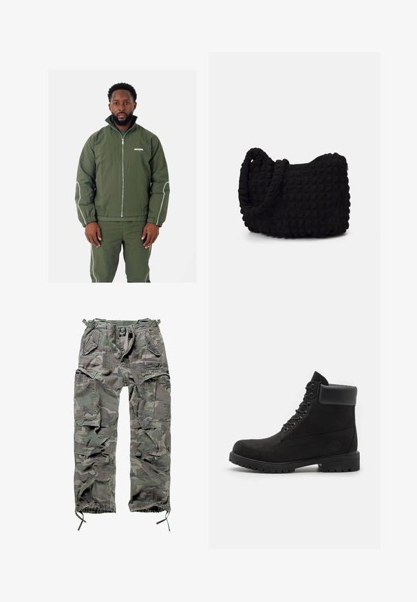 Oliven grøn jakke med høj krave og hvide detaljer, med lynlås foran, elastiske manchetter og et logo på brystet. Matchet med matchende bukser.; Sort kortærmet t-shirt med rund hals, lavet af blødt bomuldsstof, med en glat tekstur og uden synlige mønstre eller detaljer.; Camo cargo bukser i grøn og grå, med flere lommer, elastisk talje, justerbare ankelmanchetter og en afslappet pasform.; Sorte snørebåndsstøvler til anklen med polstret krave og robust sål, vist i profil mod en hvid baggrund.; Sort stofpose med en struktureret, quilted mønster. Rund form, korte, tykke håndtag, og en blød, fleksibel struktur.