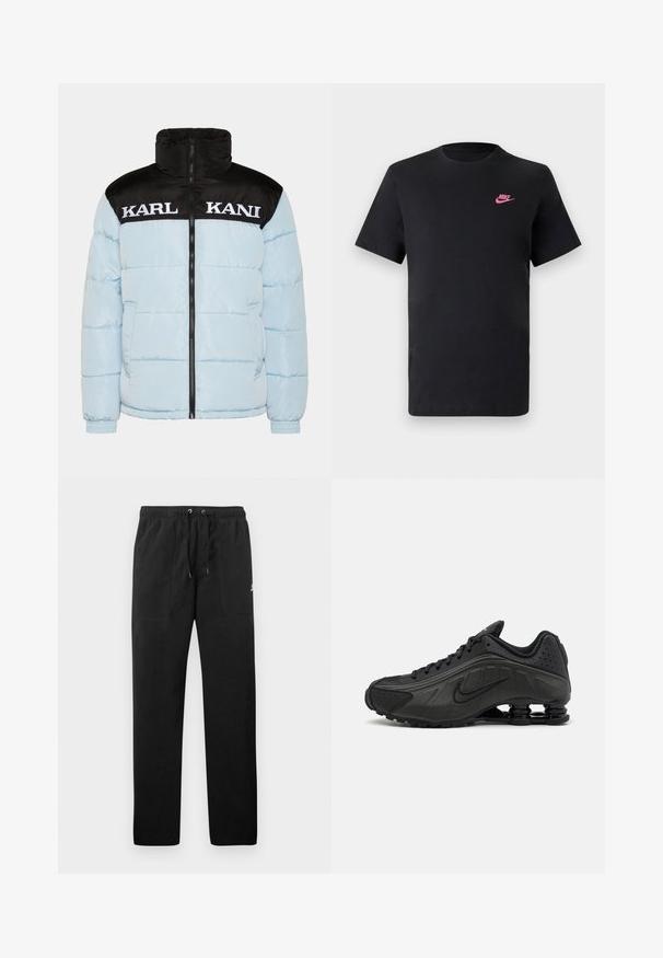 Svijetloplavi puf jakna s crnim zatvaračem na ovratniku i rukavima. Sadrži veliki bijeli natpis "KARL KANI" preko prsa. Ima teksturirani dizajn.; Črna bombažna majica s krožnim izrezom in kratkimi rokavi. Ima rožnato Nike logo na zgornji levi strani. Gladka tekstura.; Črne trenirke iz flisa, z elastičnim pasom in vrvico, dvema sprednjima žepoma ter majhnim logotipom na stegnu.; Črne tekalne čevlje z gladkim sintetičnim zgornjim delom, perforiranimi poudarki, teksturiranimi stranskimi paneli in edinstvenim elastičnim podplatom.