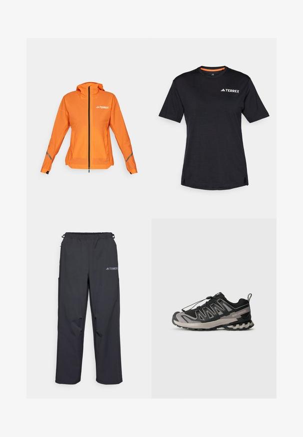 Chaqueta Terrex de un brillante color naranja, con cierre frontal de cremallera, capucha ajustable y acentos reflectantes en las mangas. Material suave y ligero.; Camiseta negra de manga corta con cuello redondo, que presenta una sutil textura jaspeada y el logo blanco "TERREX" en la parte superior izquierda.; Pantalones outdoor ligeros y negros con cintura elástica, bolsillos laterales y un logo en la parte superior de la pierna derecha. Tejido liso y resistente al agua.; Zapatilla deportiva negra y gris con parte superior de malla, suela de goma y sistema de cordones elásticos. Presenta una puntera reforzada y acentos texturizados.